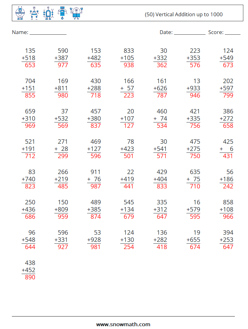 (50) Vertical Addition up to 1000 Maths Worksheets 7 Question, Answer