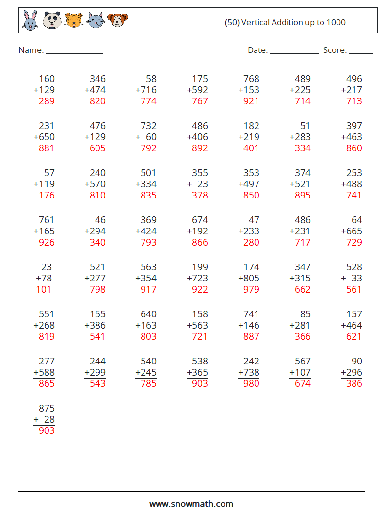 (50) Vertical Addition up to 1000 Maths Worksheets 8 Question, Answer