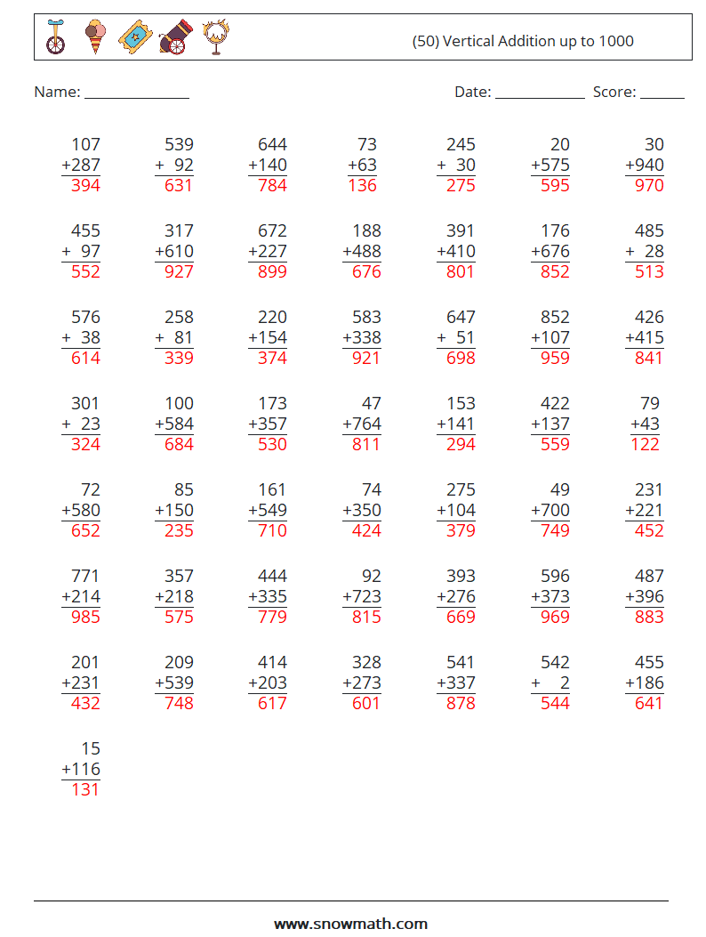 (50) Vertical Addition up to 1000 Maths Worksheets 9 Question, Answer