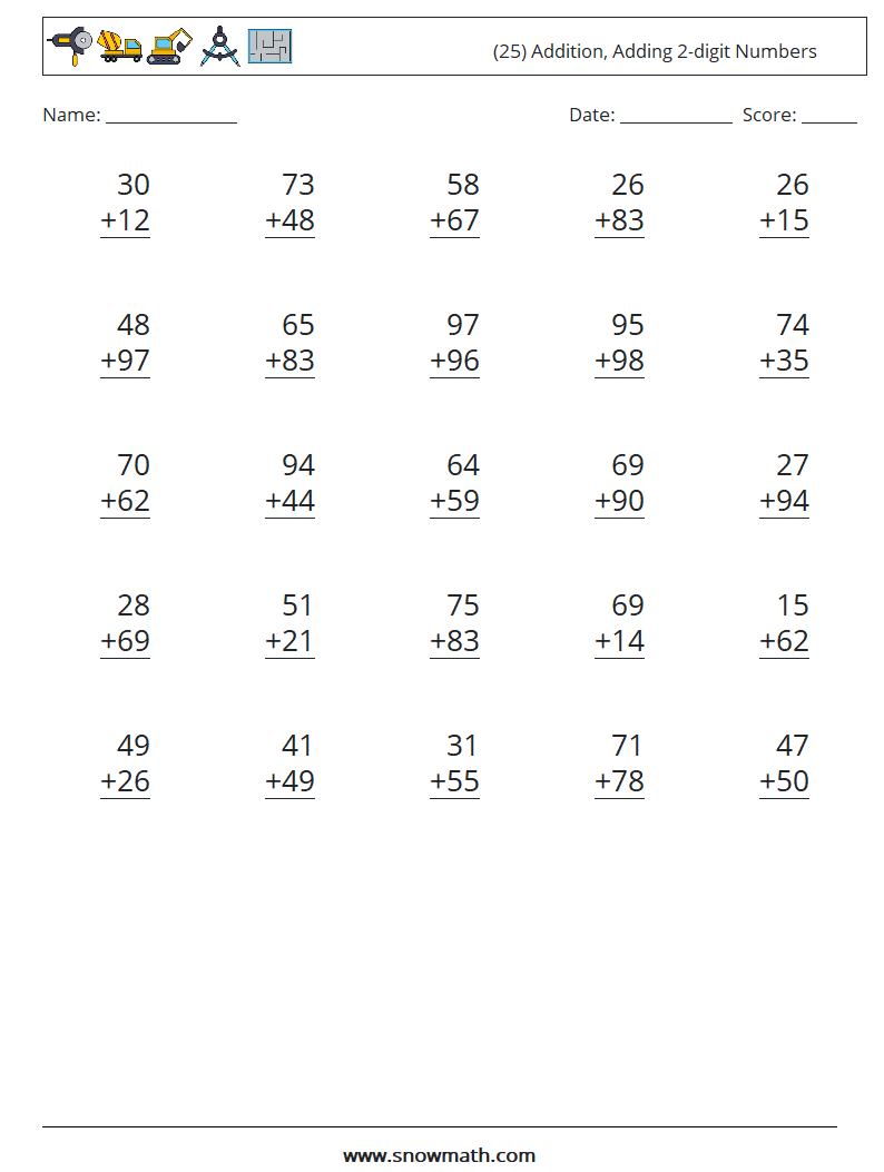 (25) Addition, Adding 2-digit Numbers Maths Worksheets 1