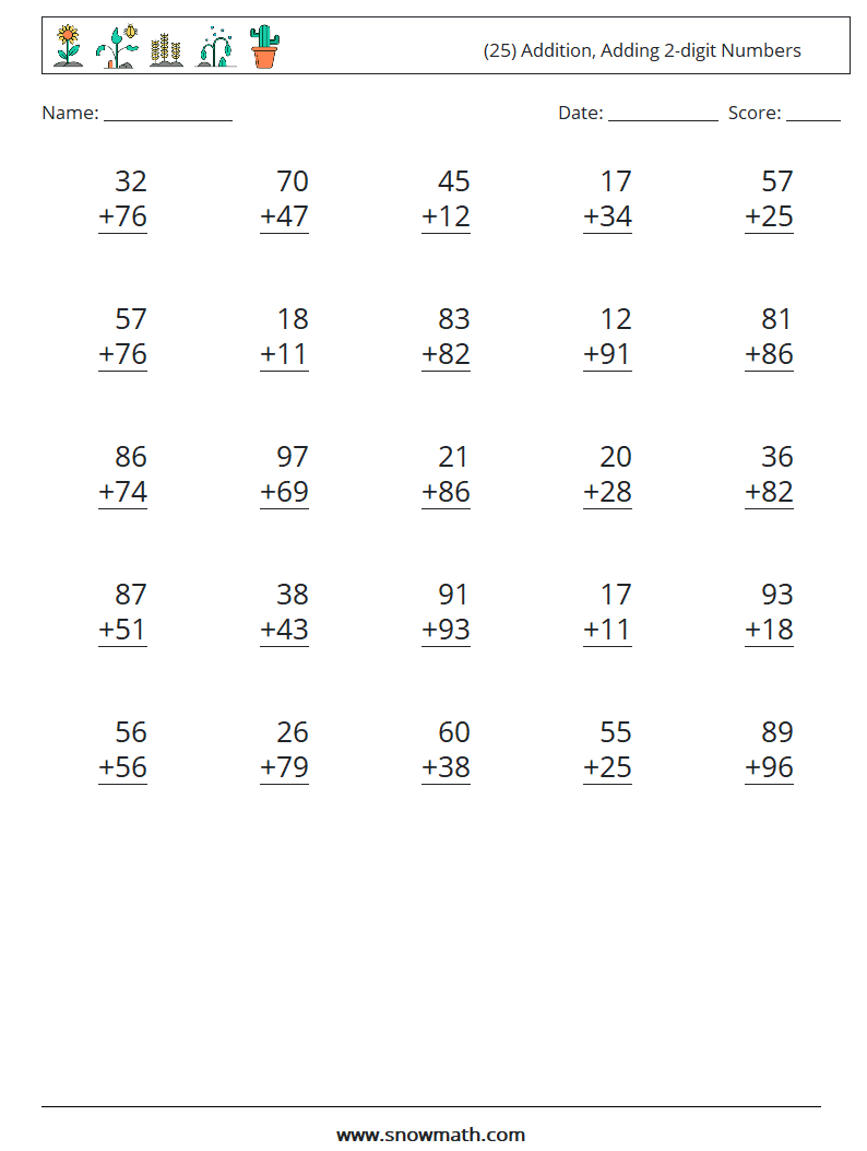 (25) Addition, Adding 2-digit Numbers Maths Worksheets 10