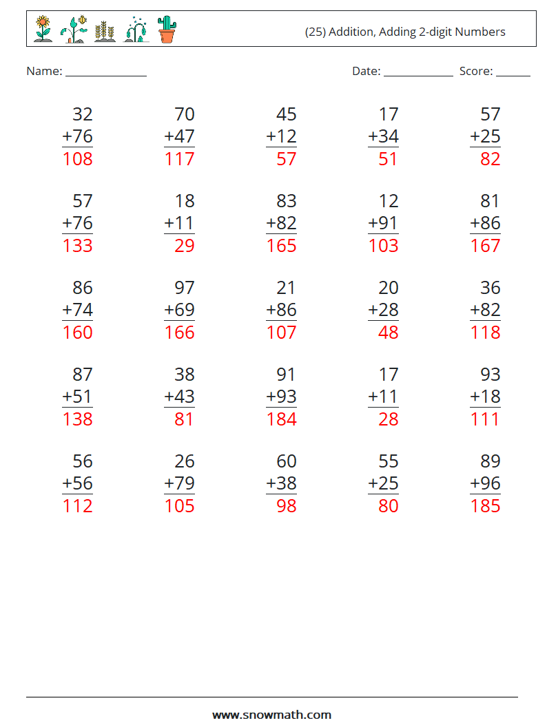 (25) Addition, Adding 2-digit Numbers Maths Worksheets 10 Question, Answer