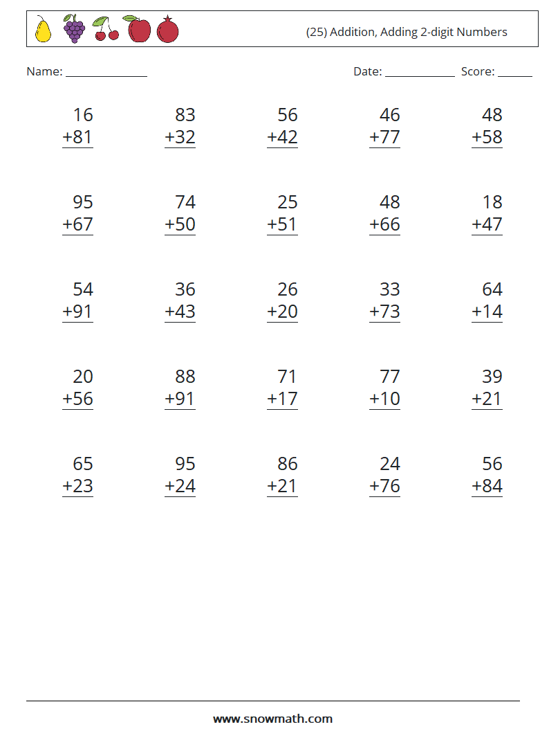 (25) Addition, Adding 2-digit Numbers Maths Worksheets 11