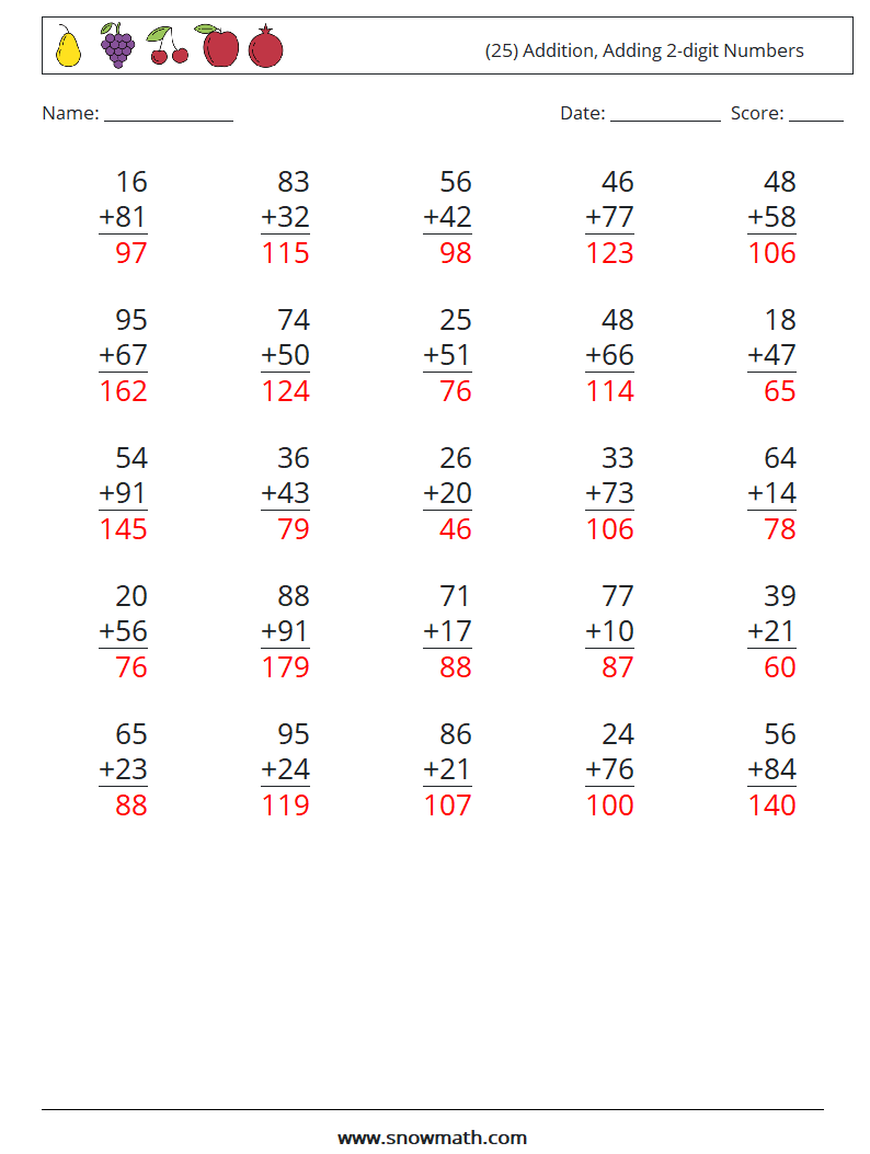 (25) Addition, Adding 2-digit Numbers Maths Worksheets 11 Question, Answer