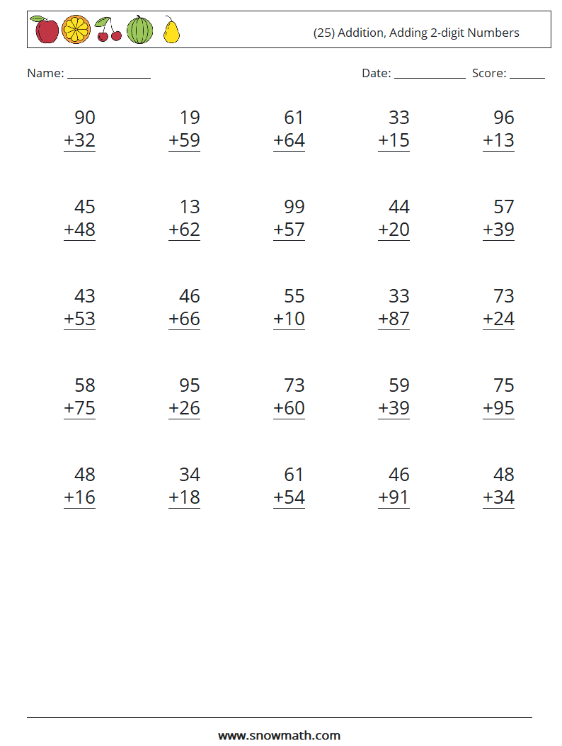(25) Addition, Adding 2-digit Numbers Maths Worksheets 12