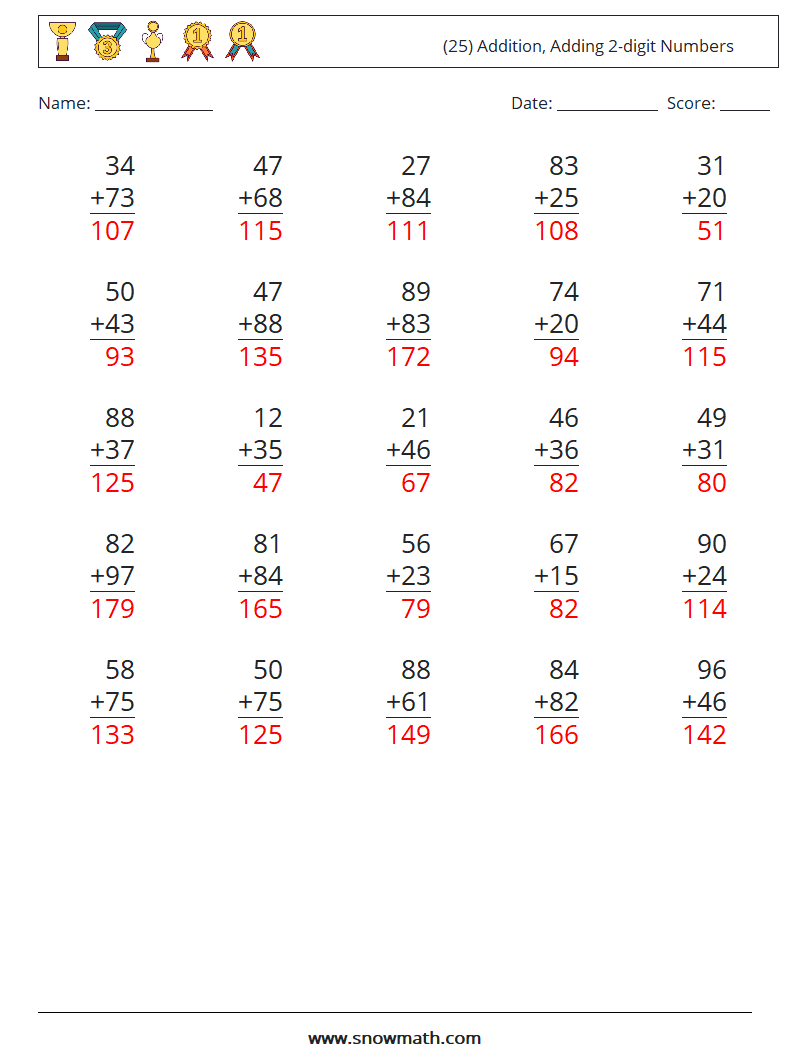 (25) Addition, Adding 2-digit Numbers Maths Worksheets 14 Question, Answer