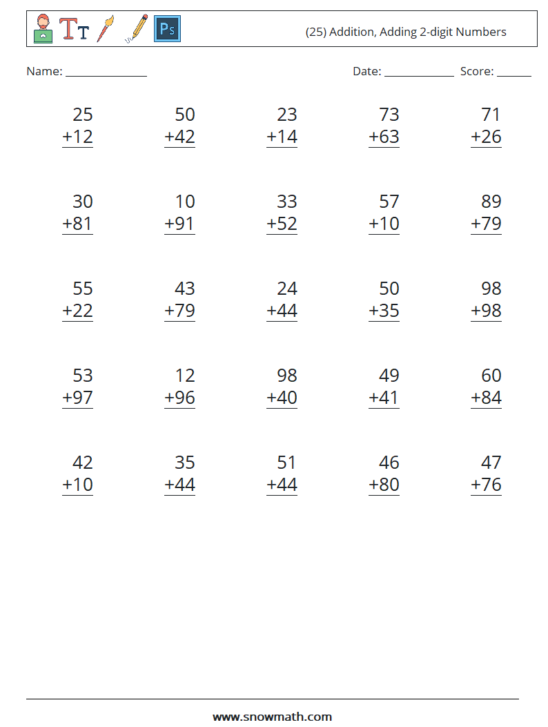 (25) Addition, Adding 2-digit Numbers Maths Worksheets 16