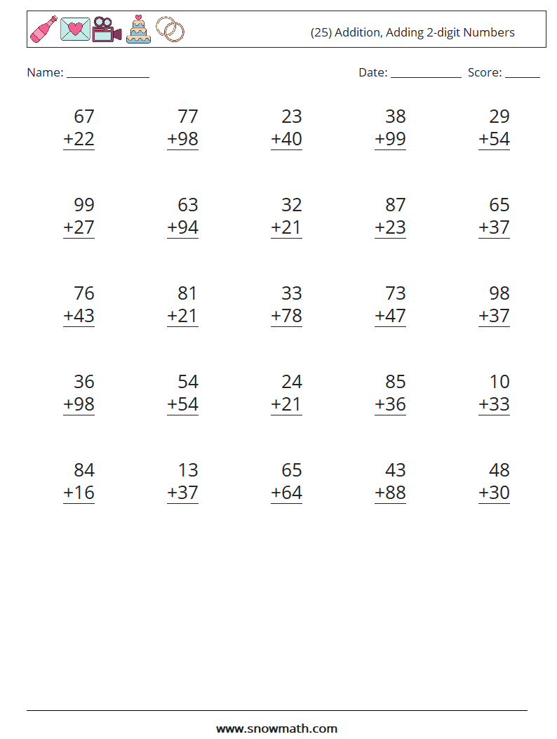 (25) Addition, Adding 2-digit Numbers Maths Worksheets 17