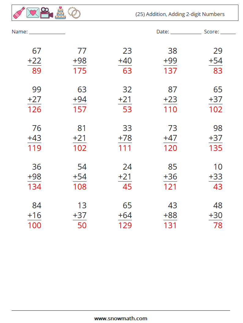 (25) Addition, Adding 2-digit Numbers Maths Worksheets 17 Question, Answer