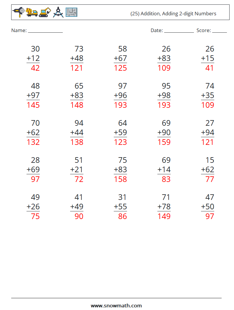 (25) Addition, Adding 2-digit Numbers Maths Worksheets 1 Question, Answer