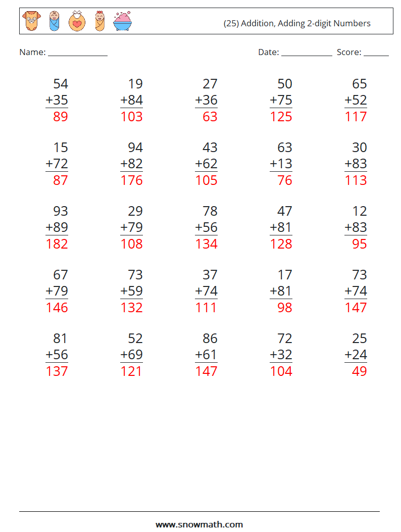 (25) Addition, Adding 2-digit Numbers Maths Worksheets 2 Question, Answer