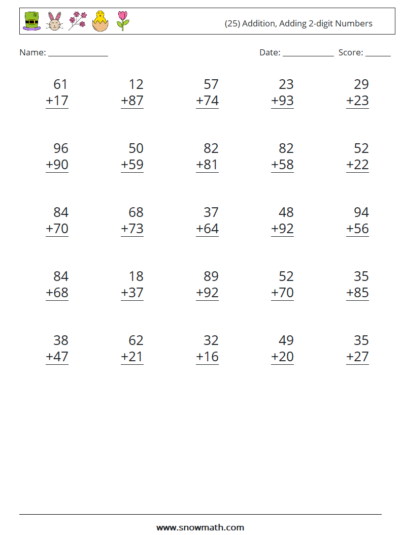 (25) Addition, Adding 2-digit Numbers Maths Worksheets 3