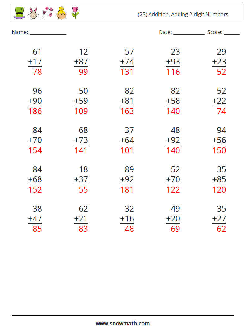 (25) Addition, Adding 2-digit Numbers Maths Worksheets 3 Question, Answer