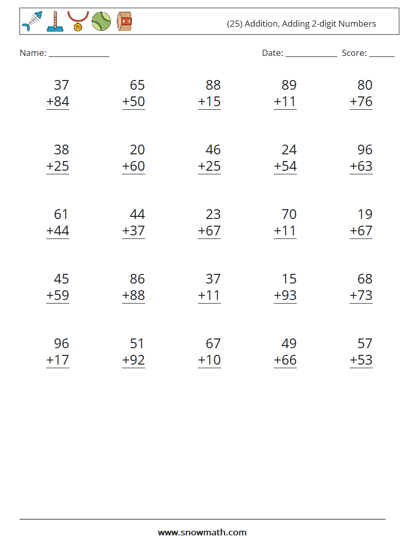 (25) Addition, Adding 2-digit Numbers Maths Worksheets 4