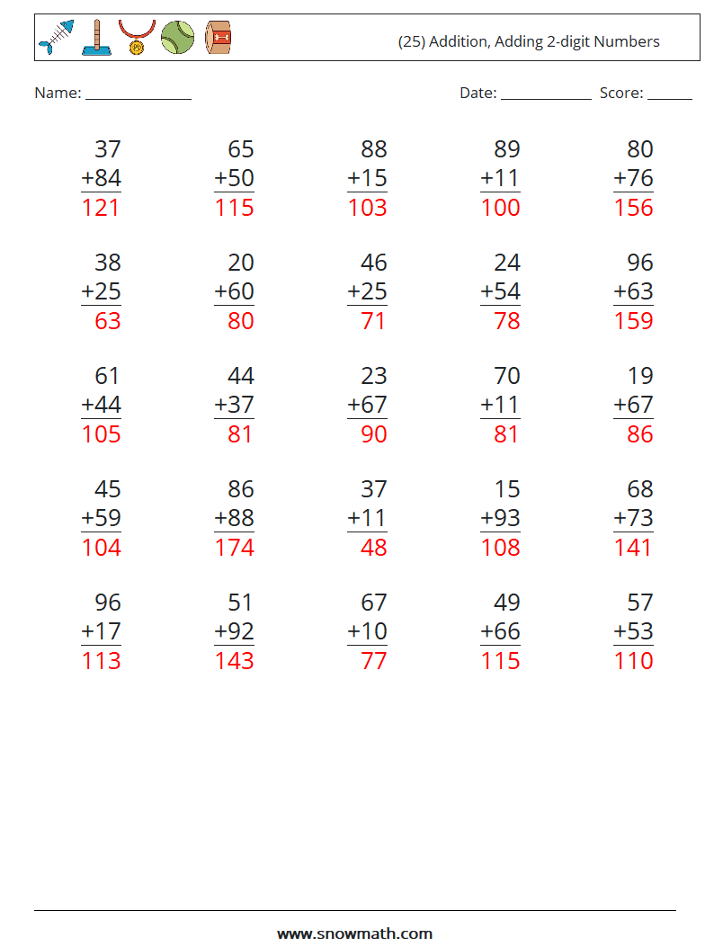 (25) Addition, Adding 2-digit Numbers Maths Worksheets 4 Question, Answer