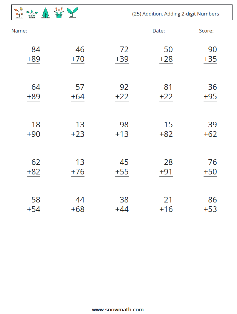 (25) Addition, Adding 2-digit Numbers Maths Worksheets 5