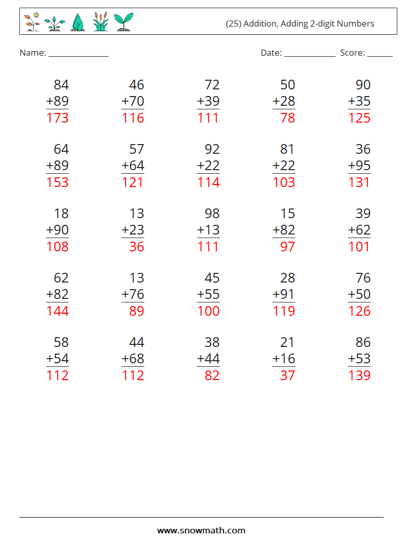 (25) Addition, Adding 2-digit Numbers Maths Worksheets 5 Question, Answer