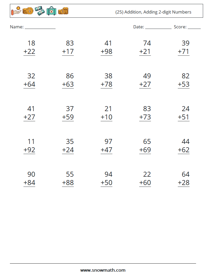 (25) Addition, Adding 2-digit Numbers Maths Worksheets 6
