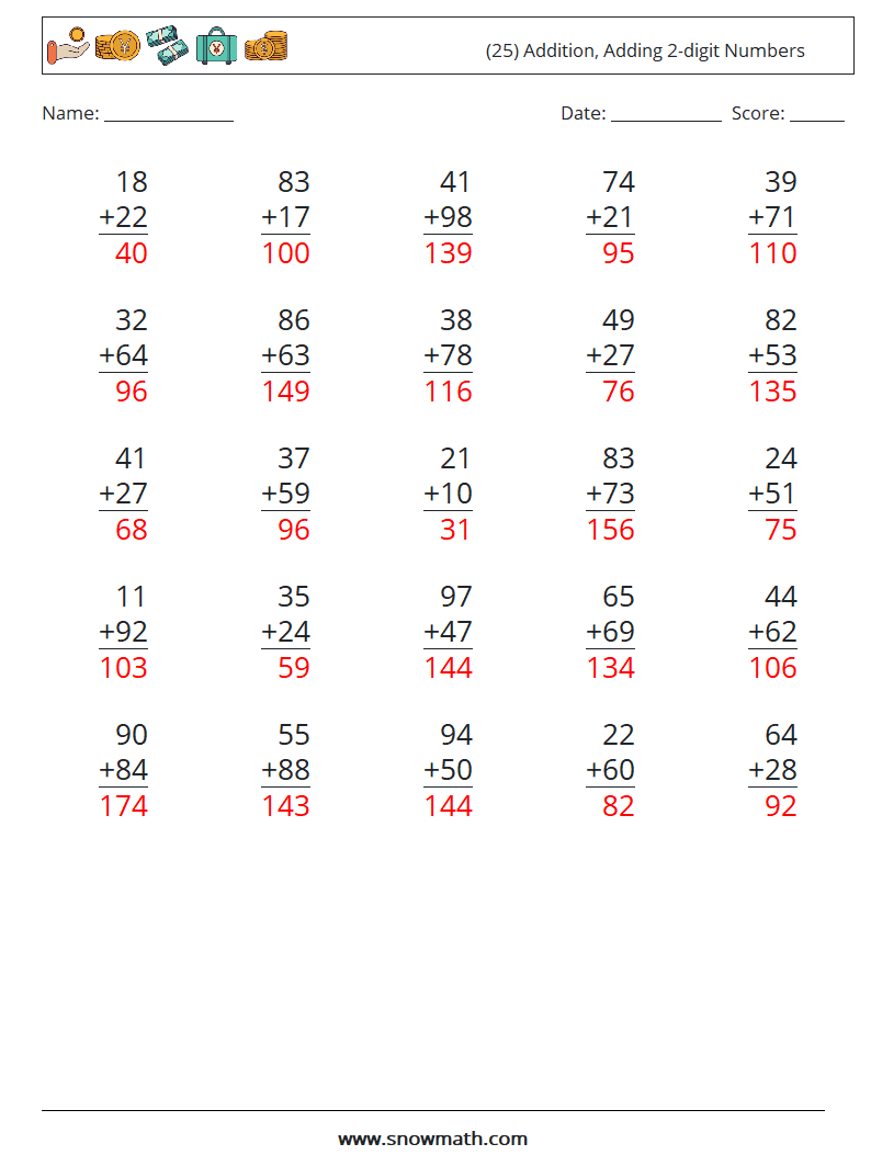 (25) Addition, Adding 2-digit Numbers Maths Worksheets 6 Question, Answer