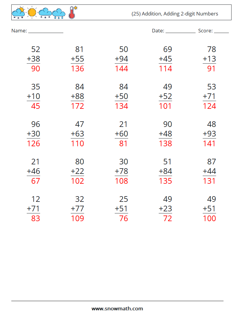 (25) Addition, Adding 2-digit Numbers Maths Worksheets 7 Question, Answer