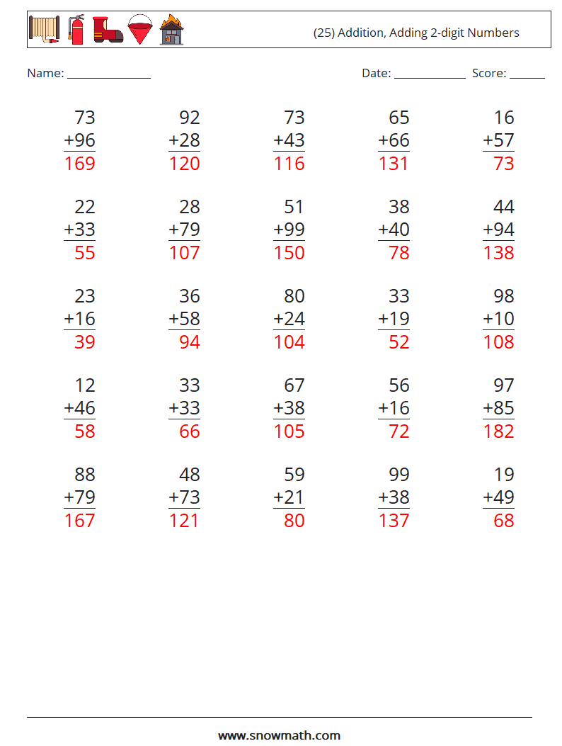 (25) Addition, Adding 2-digit Numbers Maths Worksheets 8 Question, Answer