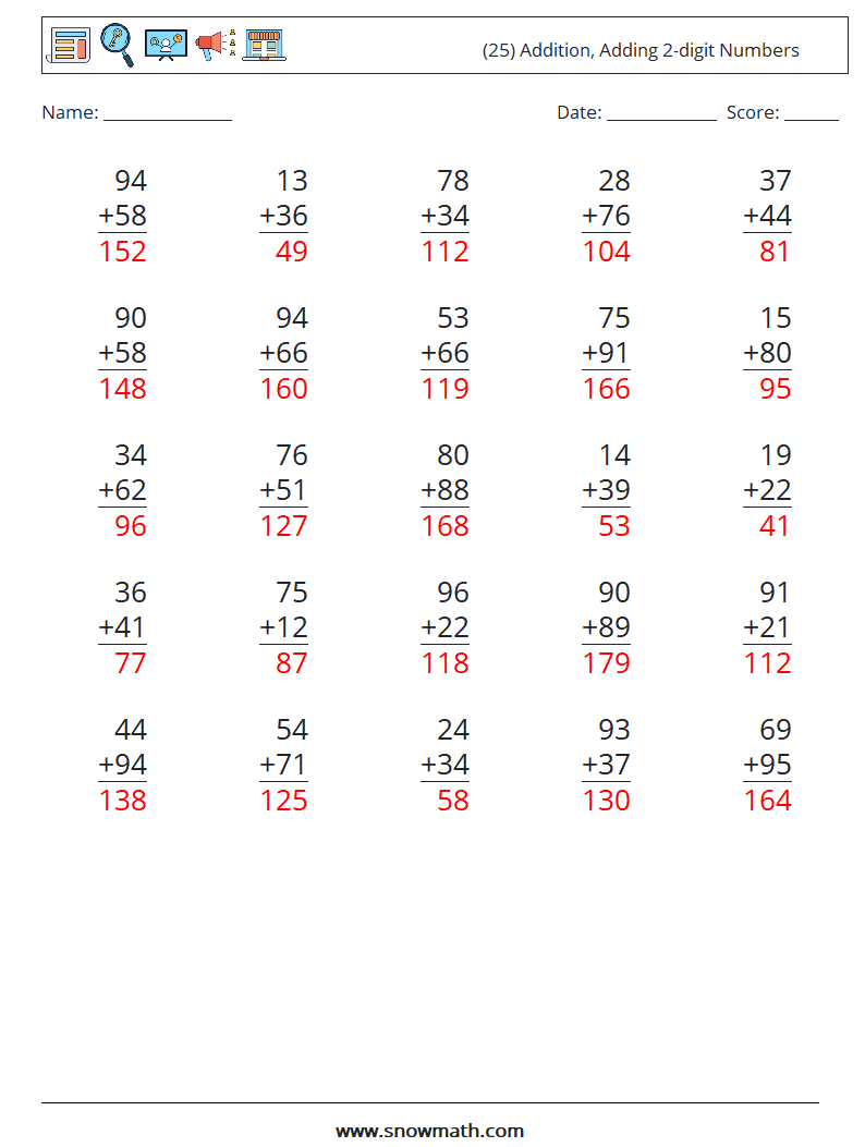 (25) Addition, Adding 2-digit Numbers Maths Worksheets 9 Question, Answer