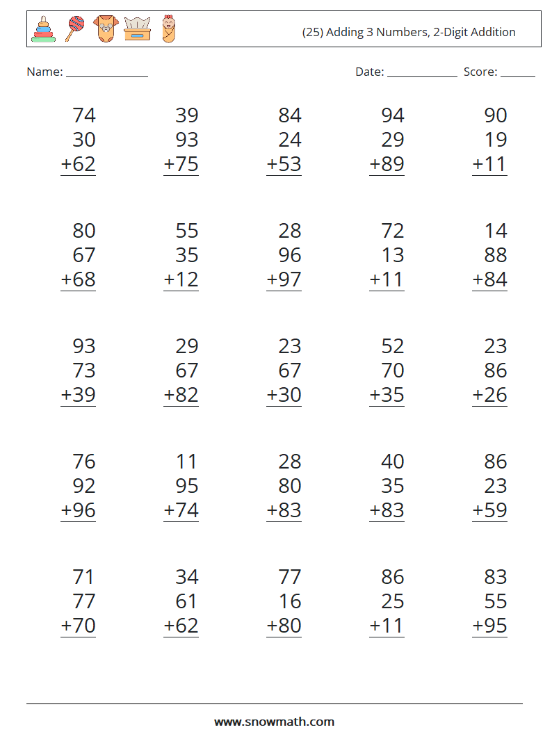 (25) Adding 3 Numbers, 2-Digit Addition Maths Worksheets 1