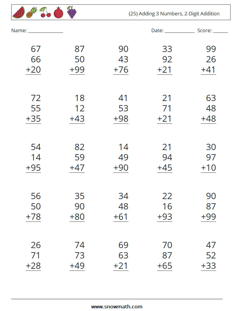 (25) Adding 3 Numbers, 2-Digit Addition Maths Worksheets 10