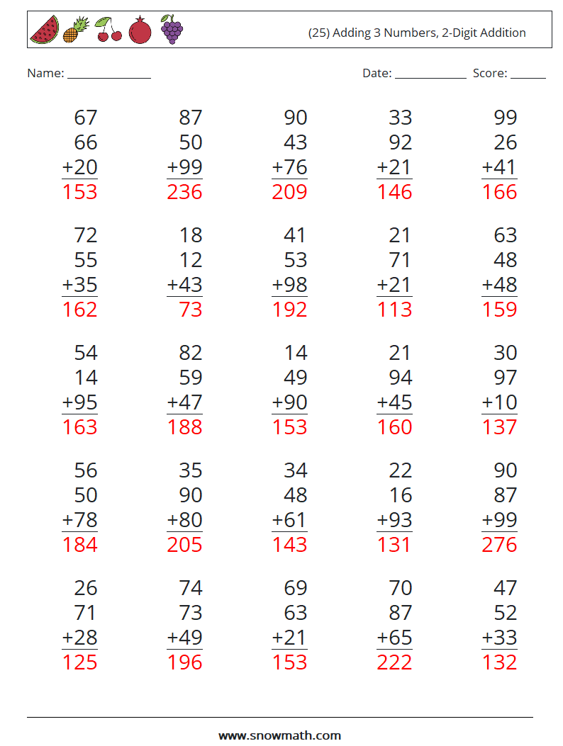 (25) Adding 3 Numbers, 2-Digit Addition Maths Worksheets 10 Question, Answer