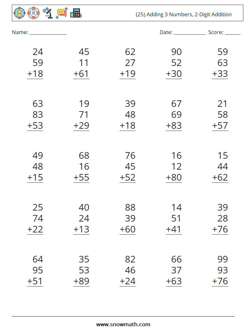 (25) Adding 3 Numbers, 2-Digit Addition Maths Worksheets 11