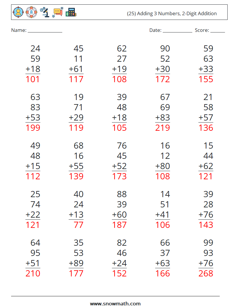 (25) Adding 3 Numbers, 2-Digit Addition Maths Worksheets 11 Question, Answer