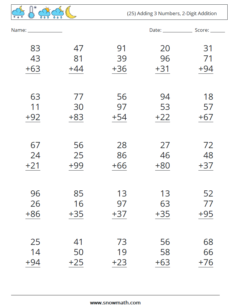 (25) Adding 3 Numbers, 2-Digit Addition Maths Worksheets 12