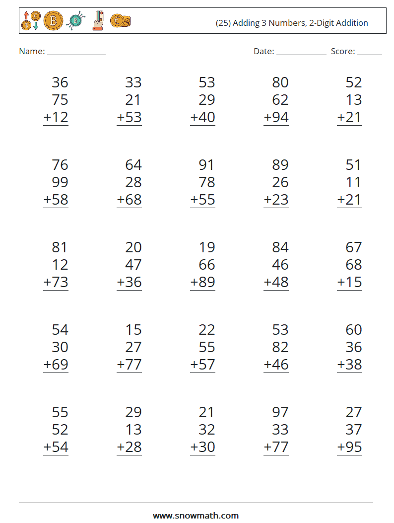 (25) Adding 3 Numbers, 2-Digit Addition Maths Worksheets 13