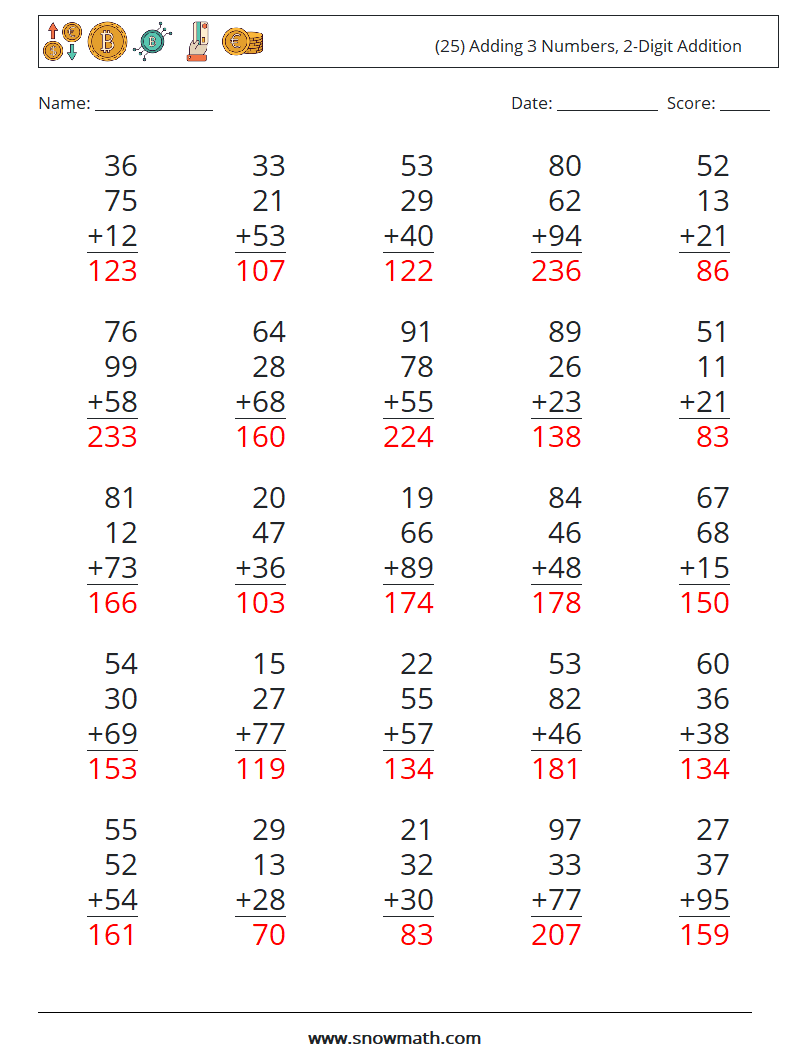 (25) Adding 3 Numbers, 2-Digit Addition Maths Worksheets 13 Question, Answer