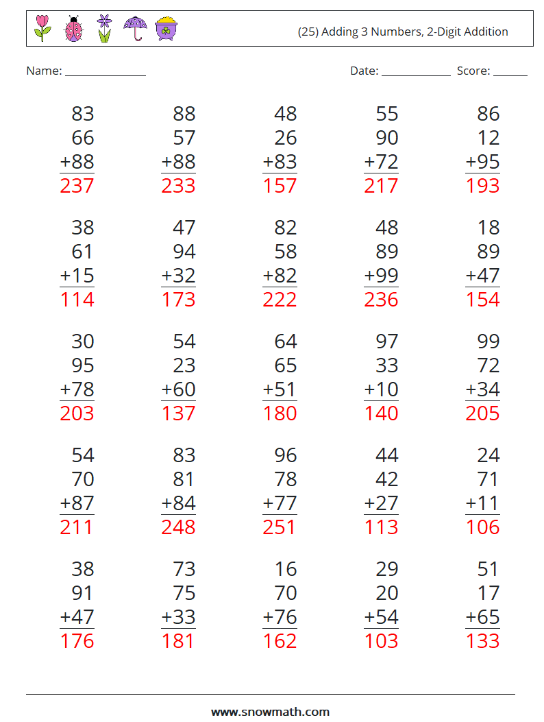 (25) Adding 3 Numbers, 2-Digit Addition Maths Worksheets 14 Question, Answer