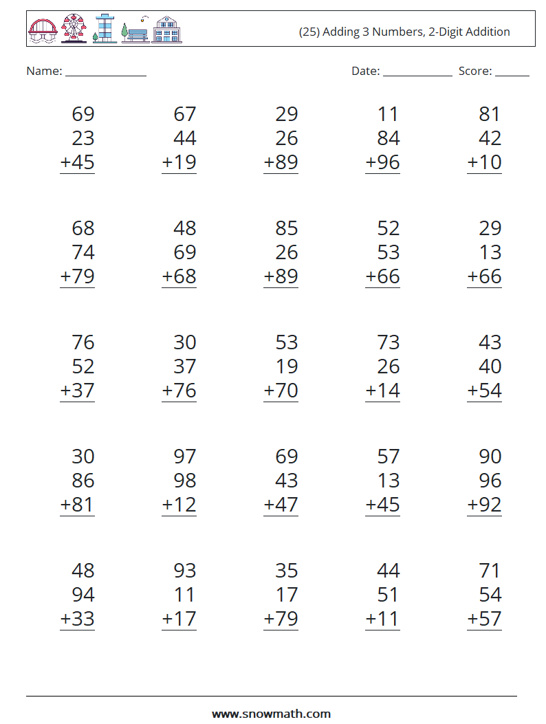 (25) Adding 3 Numbers, 2-Digit Addition Maths Worksheets 15