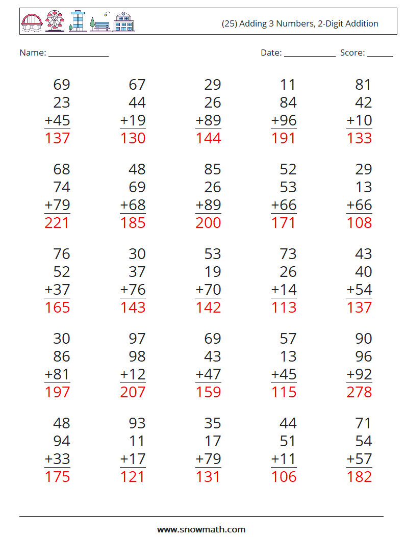 (25) Adding 3 Numbers, 2-Digit Addition Maths Worksheets 15 Question, Answer