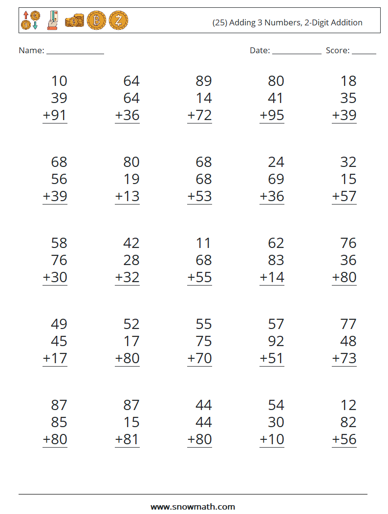 (25) Adding 3 Numbers, 2-Digit Addition Maths Worksheets 16