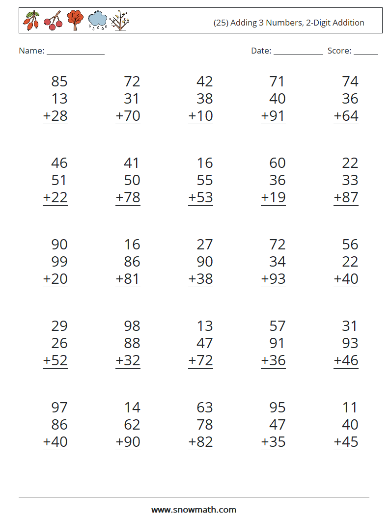 (25) Adding 3 Numbers, 2-Digit Addition Maths Worksheets 17