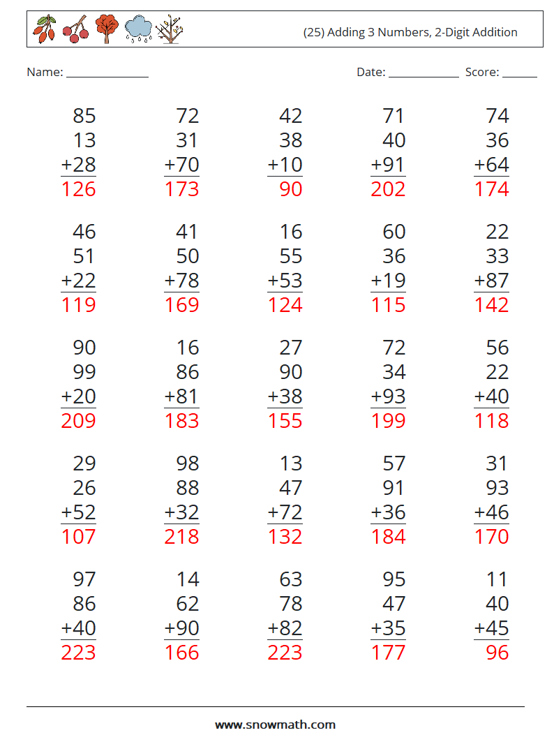 (25) Adding 3 Numbers, 2-Digit Addition Maths Worksheets 17 Question, Answer