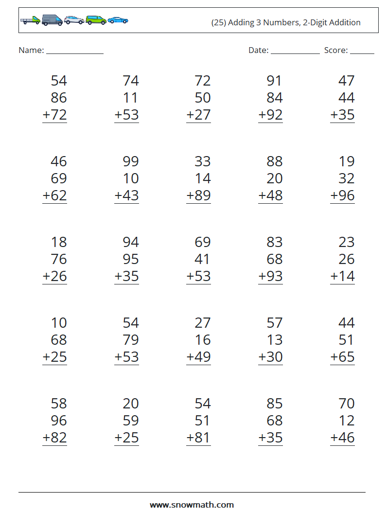 (25) Adding 3 Numbers, 2-Digit Addition Maths Worksheets 18