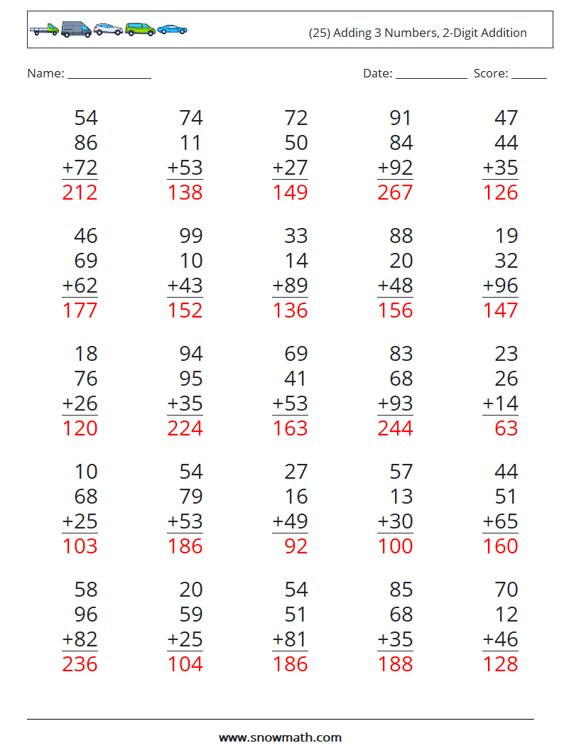 (25) Adding 3 Numbers, 2-Digit Addition Maths Worksheets 18 Question, Answer