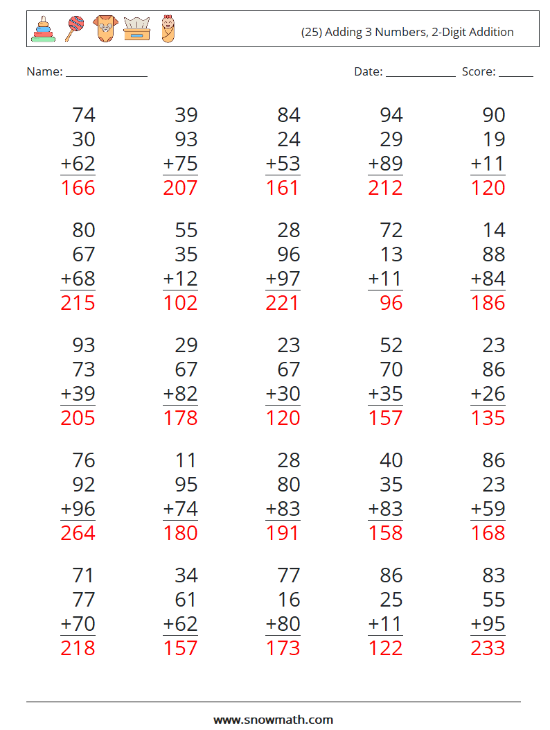 (25) Adding 3 Numbers, 2-Digit Addition Maths Worksheets 1 Question, Answer