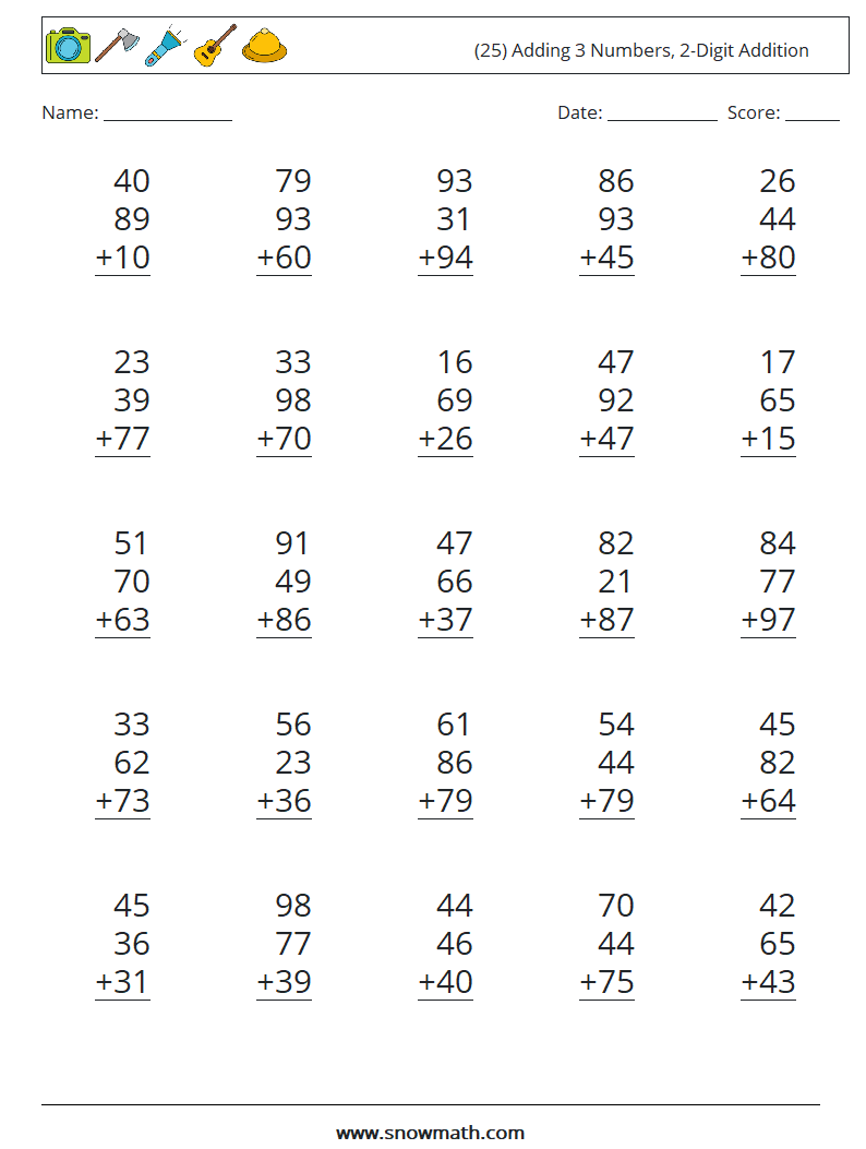 (25) Adding 3 Numbers, 2-Digit Addition Maths Worksheets 2
