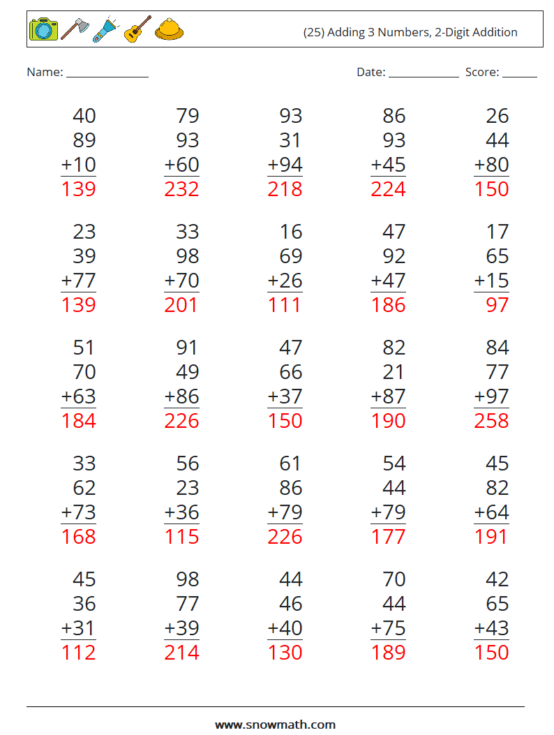 (25) Adding 3 Numbers, 2-Digit Addition Maths Worksheets 2 Question, Answer