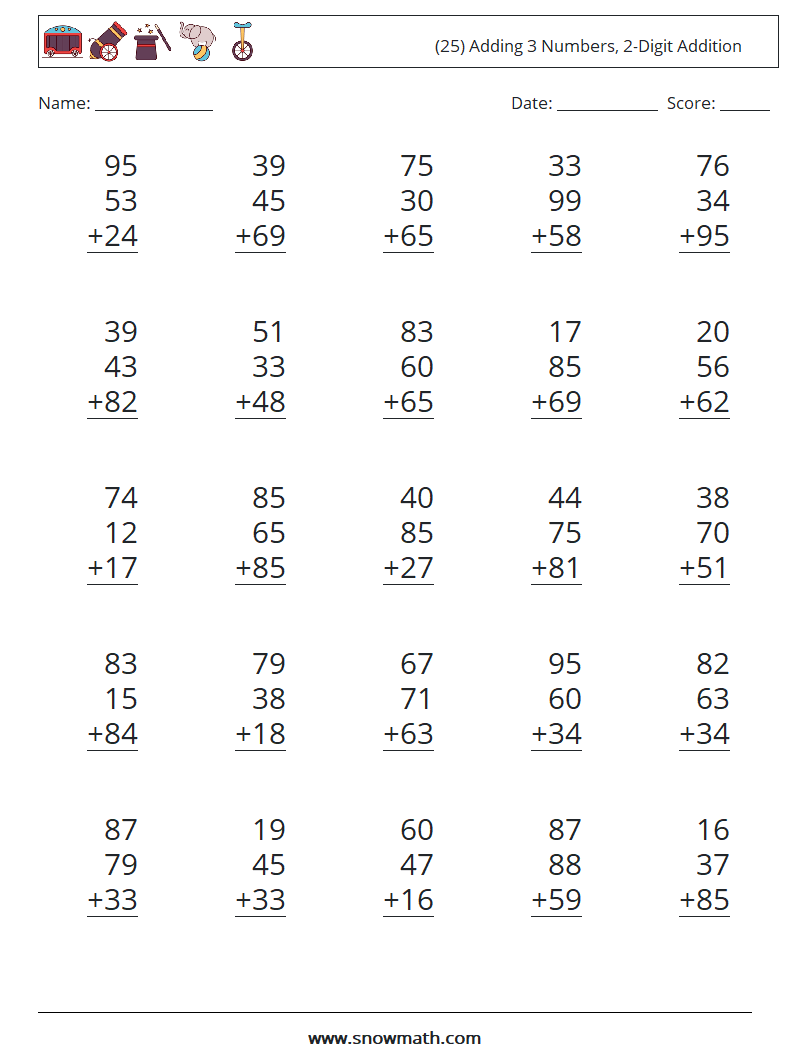 (25) Adding 3 Numbers, 2-Digit Addition Maths Worksheets 3