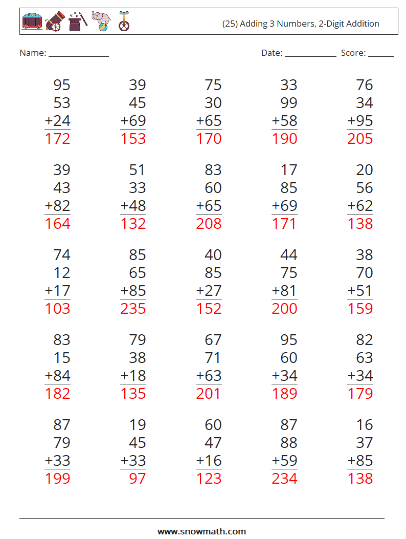 (25) Adding 3 Numbers, 2-Digit Addition Maths Worksheets 3 Question, Answer