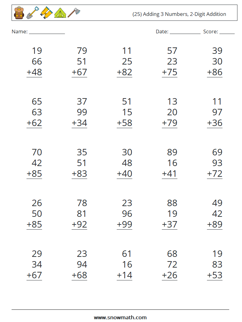 (25) Adding 3 Numbers, 2-Digit Addition Maths Worksheets 4