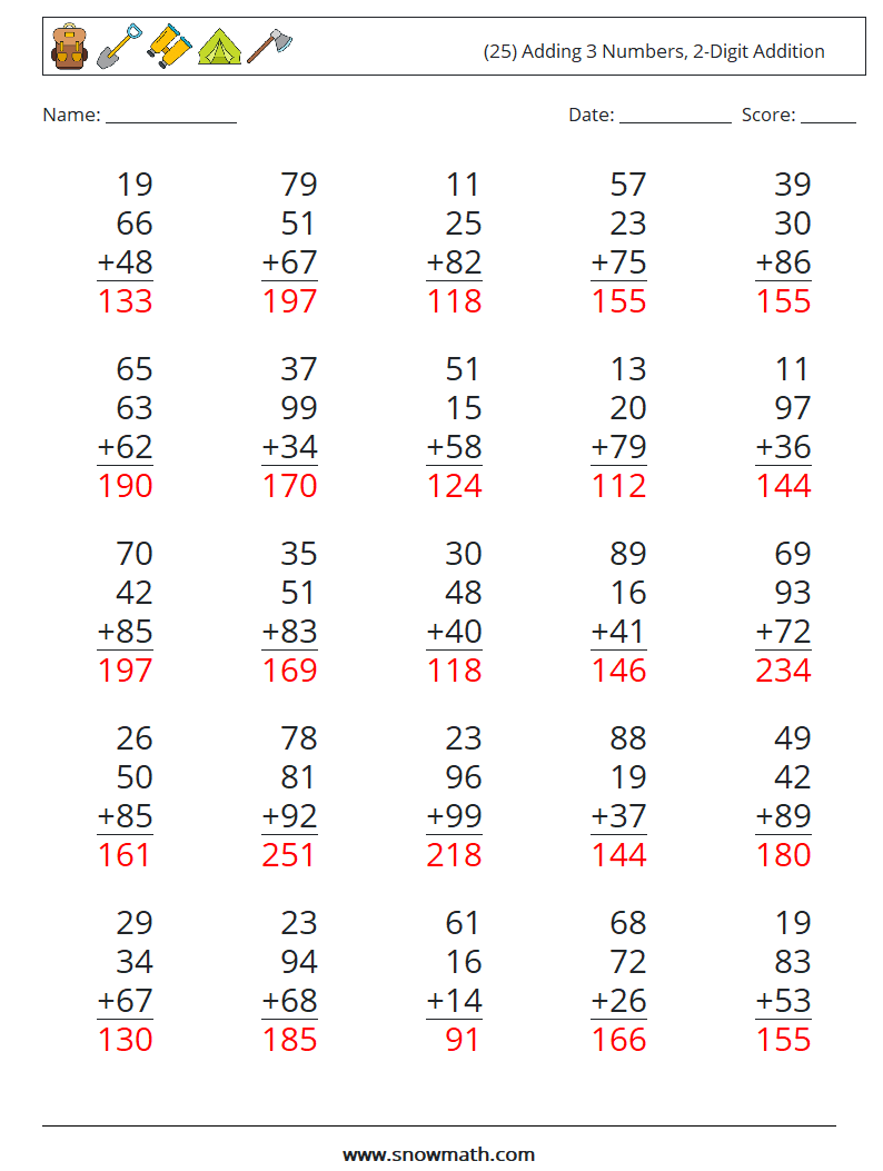 (25) Adding 3 Numbers, 2-Digit Addition Maths Worksheets 4 Question, Answer