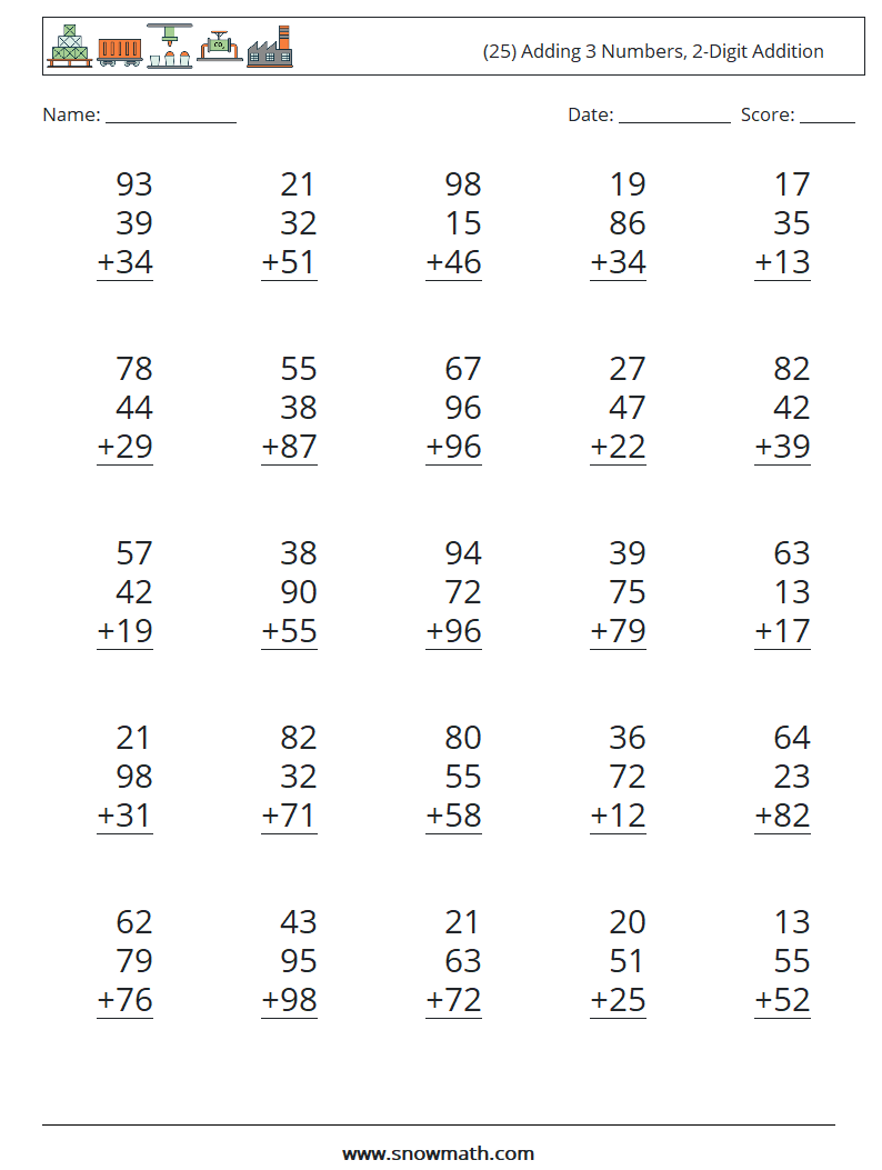(25) Adding 3 Numbers, 2-Digit Addition Maths Worksheets 5